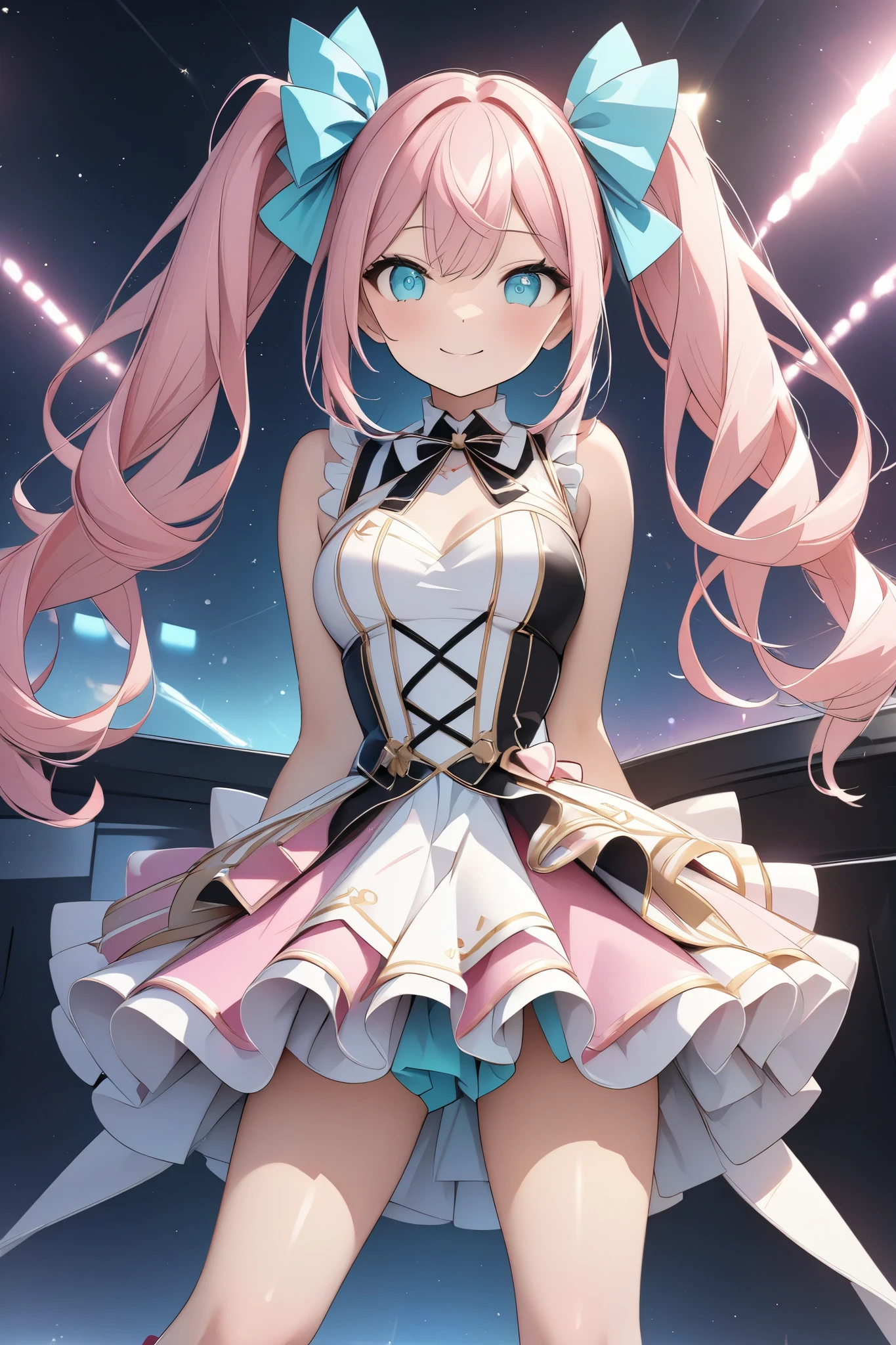 masterpiece、High image quality、 High Quality 、詳細な描写、beautiful、(( full body shot))、future art、 Cyber、(( full body shot))、、Stylish、 bright and energetic virtual idol character with twin tails 。beautifulプロポーション、The hair color is pastel pink 、Her eyes are aqua blue and 、 she has a friendly smile 。 The costume is based on white and 、 dress-like design with frills and ribbons applied in pastel purple。 miniskirt that snaps around the knee、Knee-high、ribbon lace-up heel pumps、The cute idol that shines on the virtual stage stands out 、 has a cute atmosphere loved by fans 、Virtual space background 、 1 girl,  high definition , smile,