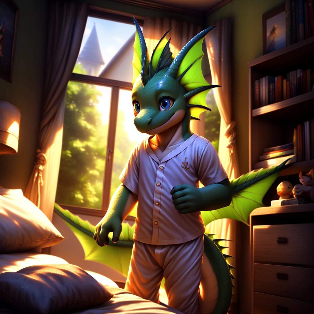 ( detailed face,  detailed background ,  detailed body ), (realistic,photorealistic,photo-realistic:1.37)
Ein kleiner cuteer Drachen Junge, jung, cute, die tragen einen cuteen pyjama,  you laugh , in a 's room