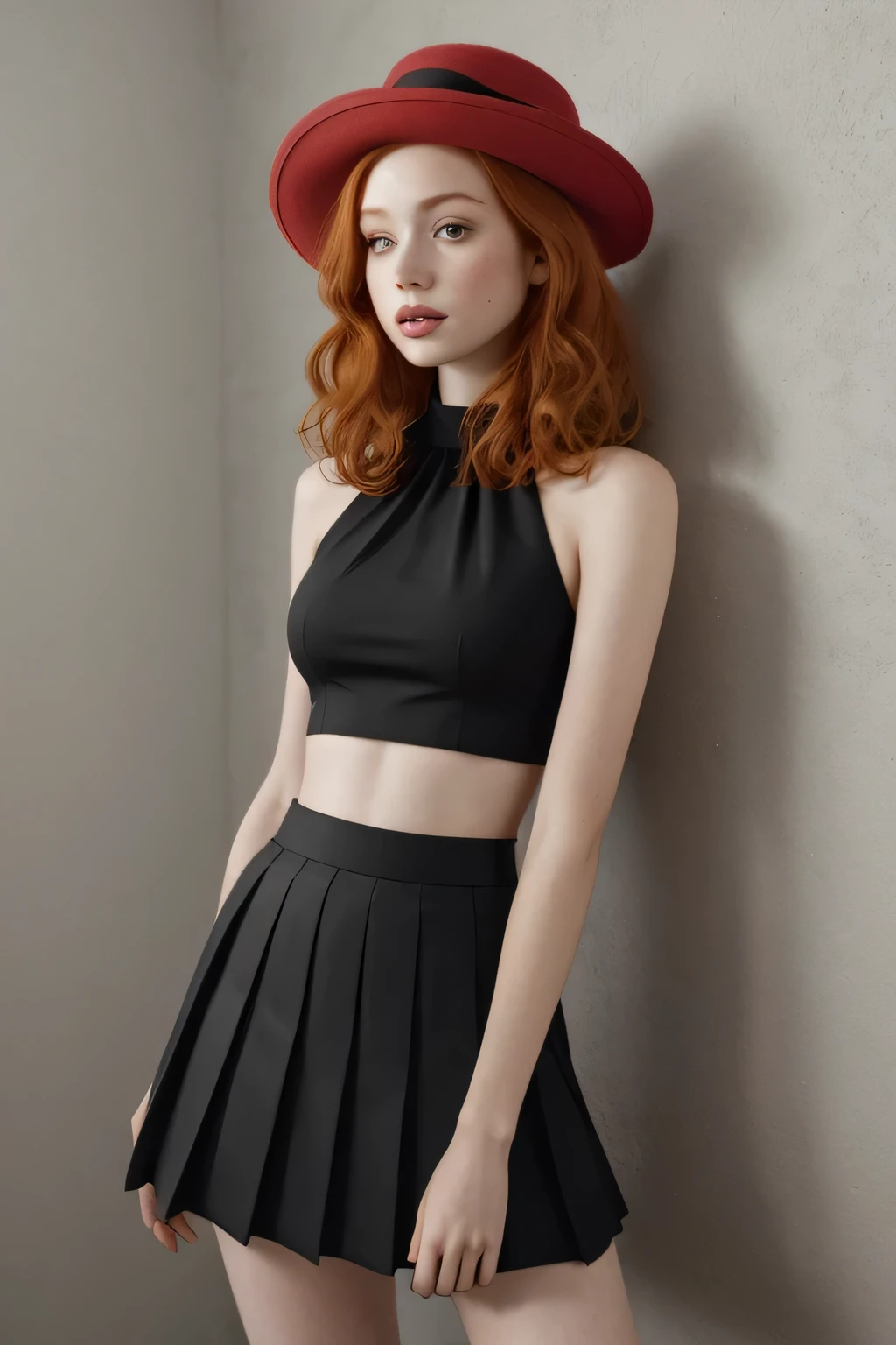 1girl in, 21, Madelaine Petsch, photo of perfect woman, 5'3", Solo, Aesthetic artwork, (irish redhead, wavy ginger hair, shoulder length ginger hair:1.25), (some small freckles, pale skin, small breasts, B-cup, runners body, very thin waist, skinny, petite, detailed skin texture), (blank background, plain background, blank wall, (wearing an full length black corded halter top, Red pleated skirt, red stylish top hat, Serena from pokémon, Serena cosplay), (extremely detailed 8k wallpaper), soft lighting, high quality, film grain, Fujifilm XT3 sharp focus, f 5.6, 50mm, High Detail, Sharp focus,(natural light), crazy details, complex details, hyper detailed