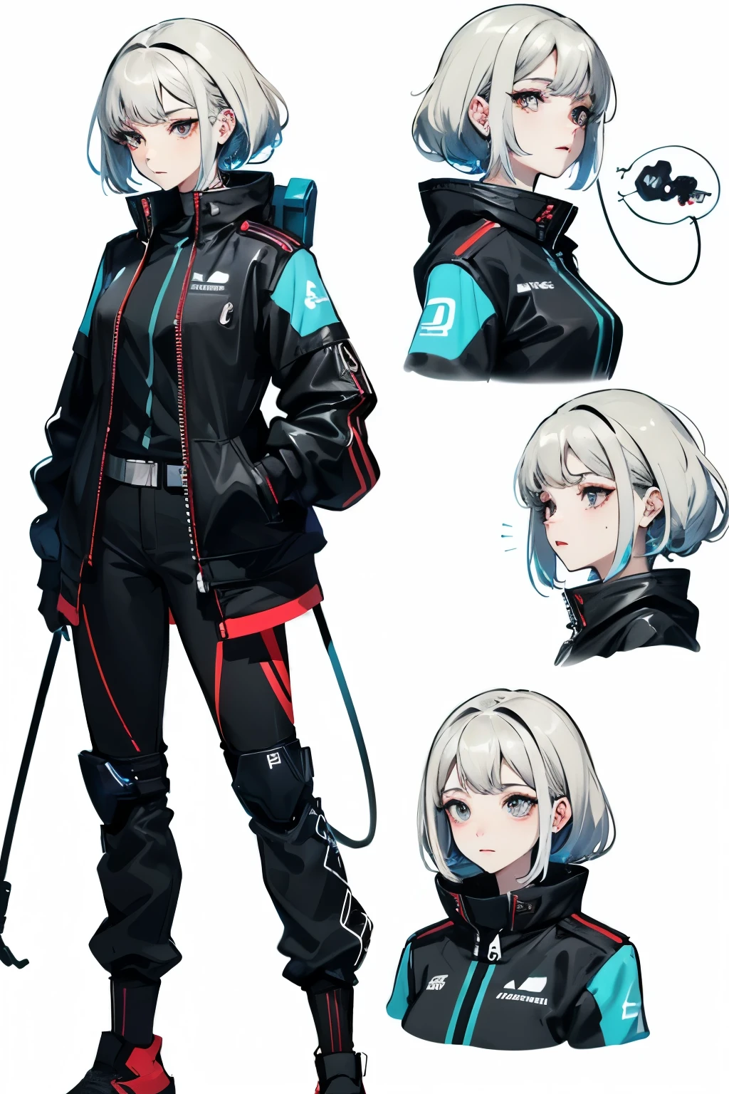 "A minimalist cyberpunk character with short, messy hair, featuring subtle neon red highlights. She wears a high-tech jacket with LED details and metallic accents, and her body has visible cybernetic implants with glowing red circuits and mechanical enhancements on her arms, neck, and spine. The character is a young woman standing in a relaxed, natural pose with her arms by her sides, looking off to the side with a calm, thoughtful expression. The art style is Japanese anime, with clean, bold lines and a mix of colors, including glowing red accents, metallic silver, and natural skin tones. The design is sleek, futuristic, and modern, with a focus on minimalism. The solid white background highlights the character as the central element, creating a clean and striking contrast."