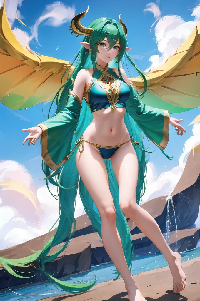 long cyan hair, Flat chested goddess,green dragon corner,cyan dragon wings,cyan dragon scales,Bare Legs,thong,,sky stormy