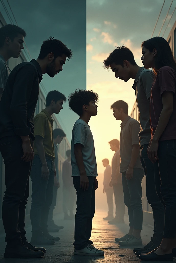 A 2 boy try to talking with middle age peoples in which 2 females and 4 males who standing Infront of his , the boy opening his hands and try to explain something, background is a normal road, little dark theme , 8k very ultra realistic