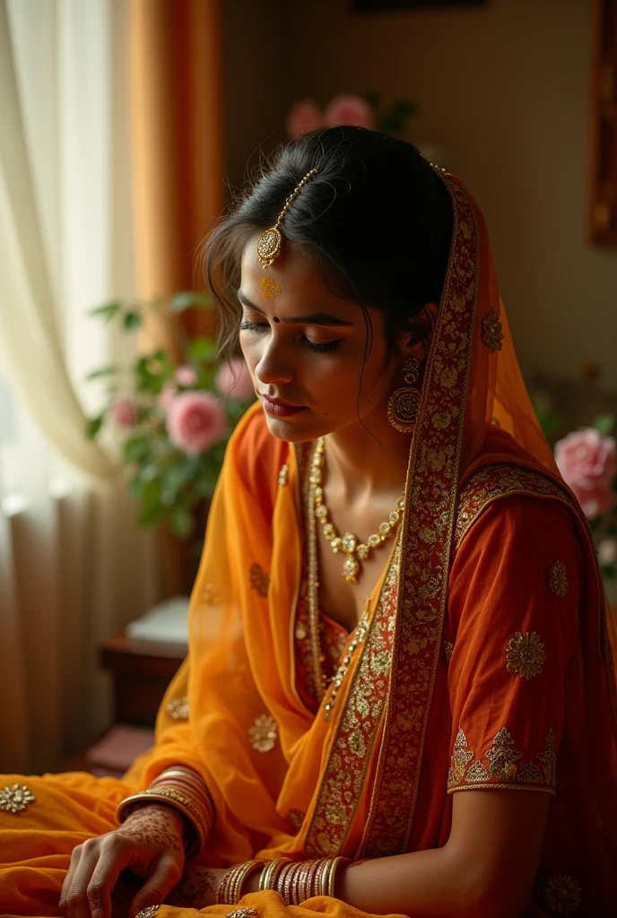 A Bengali girl is sitting on the wedding bench and puts her hands on her vagina