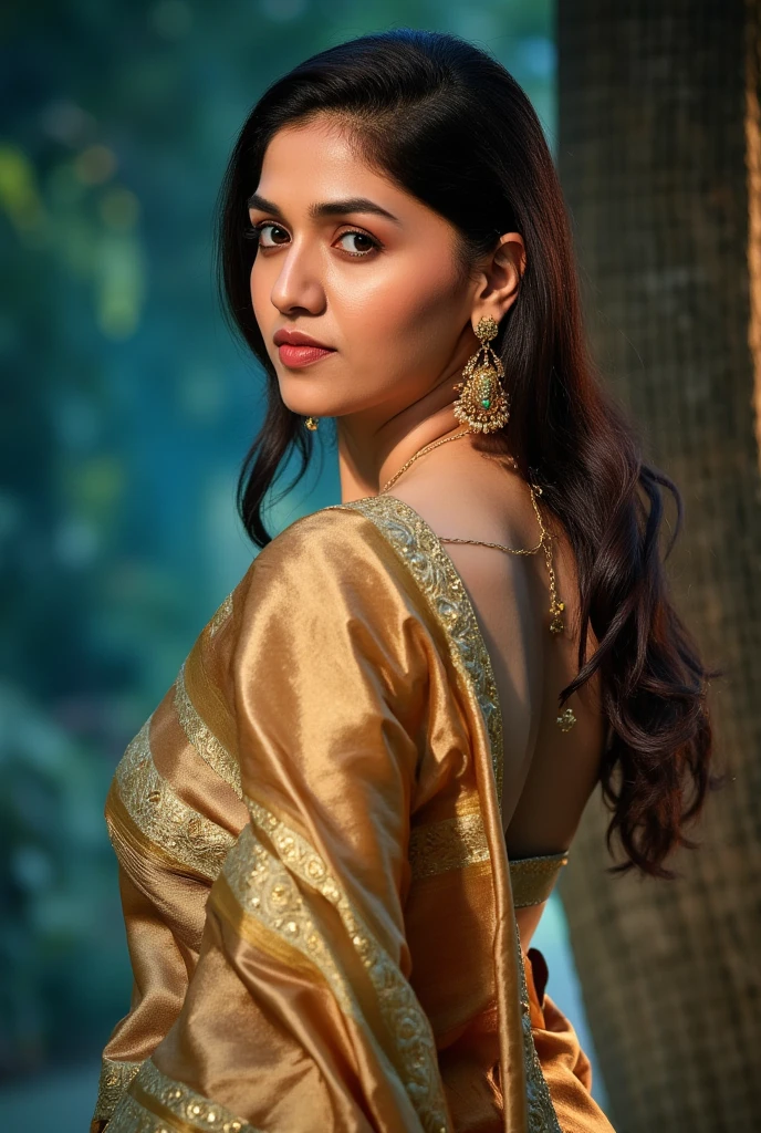 a beautiful woman in a saree, bare back, topless, detailed portrait, highly detailed face, detailed eyes, realistic, photorealistic, 8k, cinematic lighting, bright color tones, glowing skin, intricate fabric details, elegant pose, dramatic shadows, golden jewelry, mystical atmosphere, busty naked , Pooja 