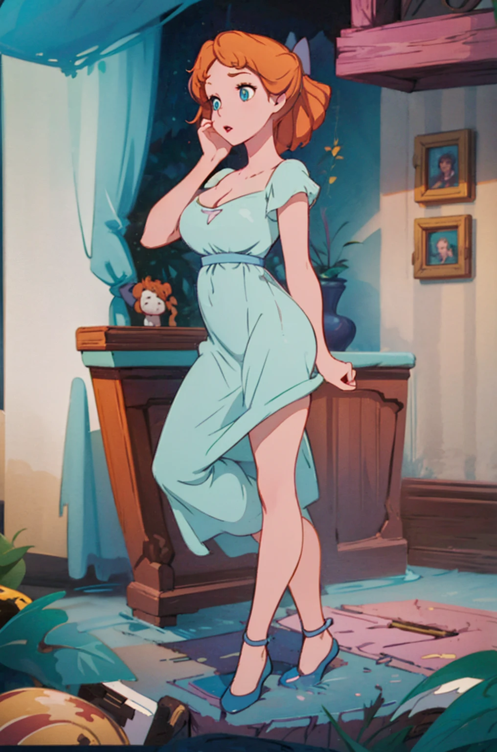 (masterpiece:1.4), (best qualit:1.4), (high resolution:1.4), 1 girl, wendy darling, bow, slutty nightgown, giant sized breasts, huge cleavage