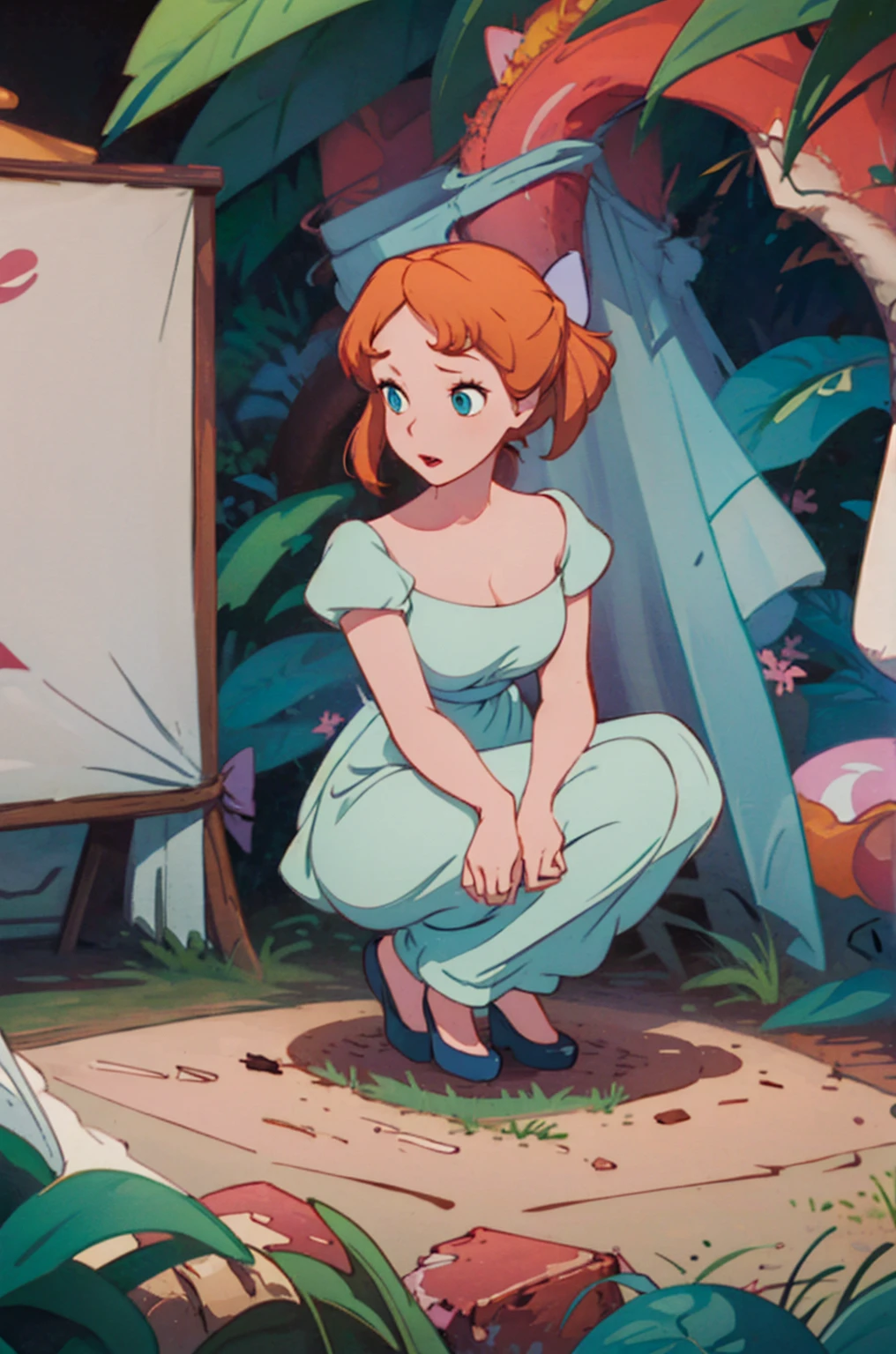 (masterpiece:1.4), (best qualit:1.4), (high resolution:1.4), 1 girl, wendy darling, bow, slutty nightgown, giant sized breasts, huge cleavage