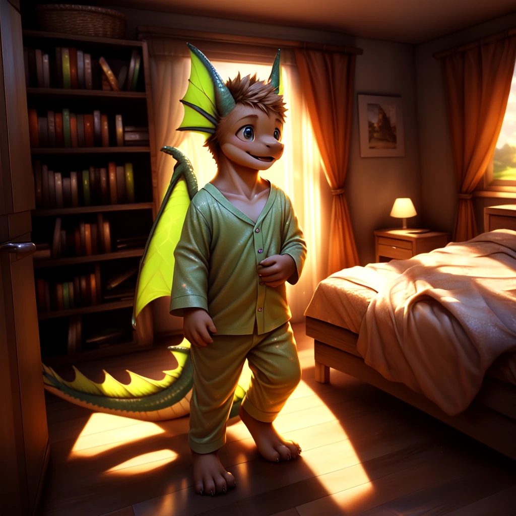 ( detailed face,  detailed background ,  detailed body ), (realistic,photorealistic,photo-realistic:1.37)
Ein kleiner cuteer Drachen Junge, very young, , cute, die tragen einen cuteen Pyjama,  you laugh , in a 's room, 