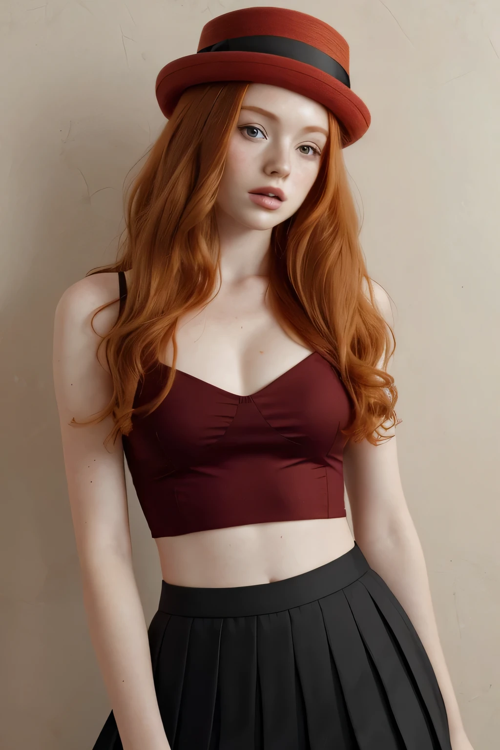 1girl in, ***21, Madelaine Petsch, photo of perfect woman, 5'3", Solo, Aesthetic artwork, (irish redhead, wavy ginger hair, shoulder length ginger hair:1.25), (some small freckles, pale skin, small breasts, B-cup, runners body, very thin waist, skinny, petite, detailed skin texture), (blank background, plain background, blank wall, (wearing an full length black corded halter top, Red pleated skirt, red stylish top hat, Serena from pokémon, Serena cosplay), (extremely detailed 8k wallpaper), soft lighting, high quality, film grain, Fujifilm XT3 sharp focus, f 5.6, 50mm, High Detail, Sharp focus,(natural light), crazy details, complex details, hyper detailed