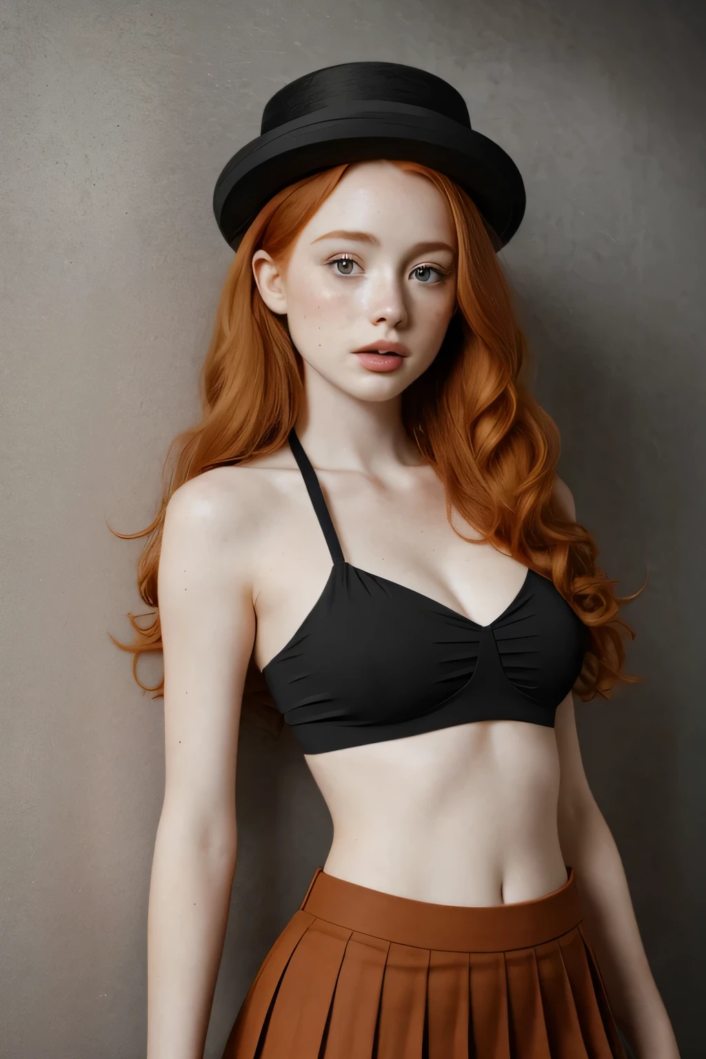 1girl in, age21, Madelaine Petsch, photo of perfect woman, 5'3", Solo, Aesthetic artwork, (irish redhead, wavy ginger hair, shoulder length ginger hair:1.25), (some small freckles, pale skin, small breasts, B-cup, runners body, very thin waist, skinny, petite, detailed skin texture), (blank background, plain background, blank wall, (wearing an full length black corded halter top, Red pleated skirt, red stylish top hat, Serena from pokémon, Serena cosplay), (extremely detailed 8k wallpaper), soft lighting, high quality, film grain, Fujifilm XT3 sharp focus, f 5.6, 50mm, High Detail, Sharp focus,(natural light), crazy details, complex details, hyper detailed