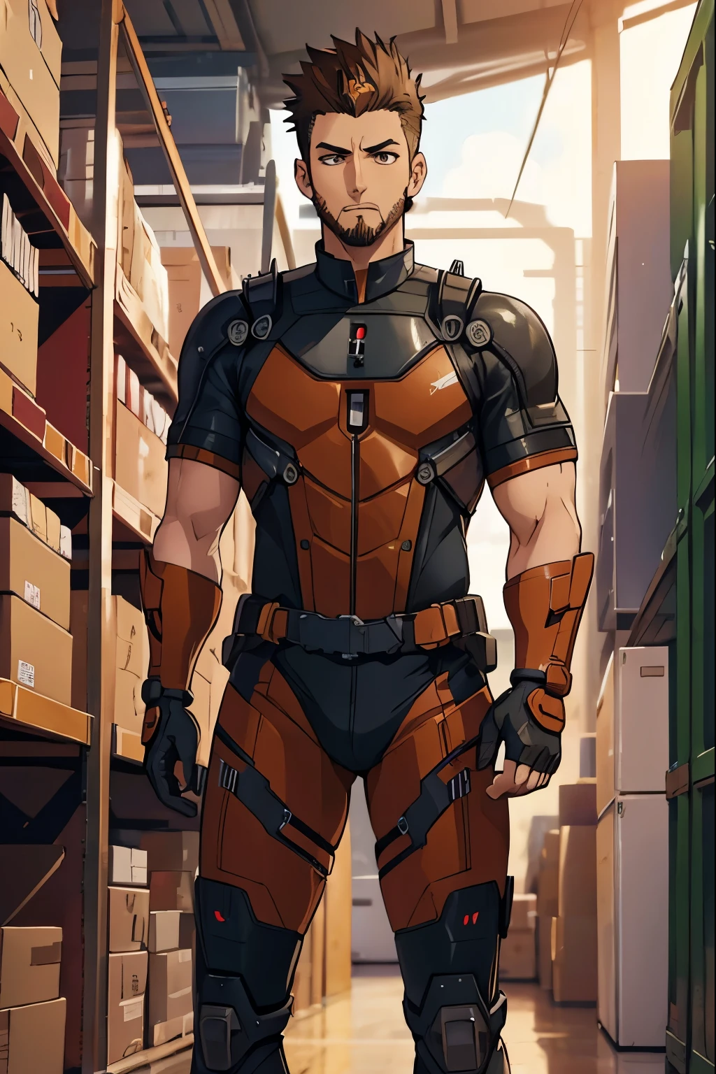 high detailed digital anime art, fine details. anime,8k, masterpiece, hi-resolution, best quality, hi-res, Top Quality, High Quality, High Resolution, man, tall, athletic, hazel eyes, brown hair, spiked hair, goatee, warehouse, mech pilot suit
