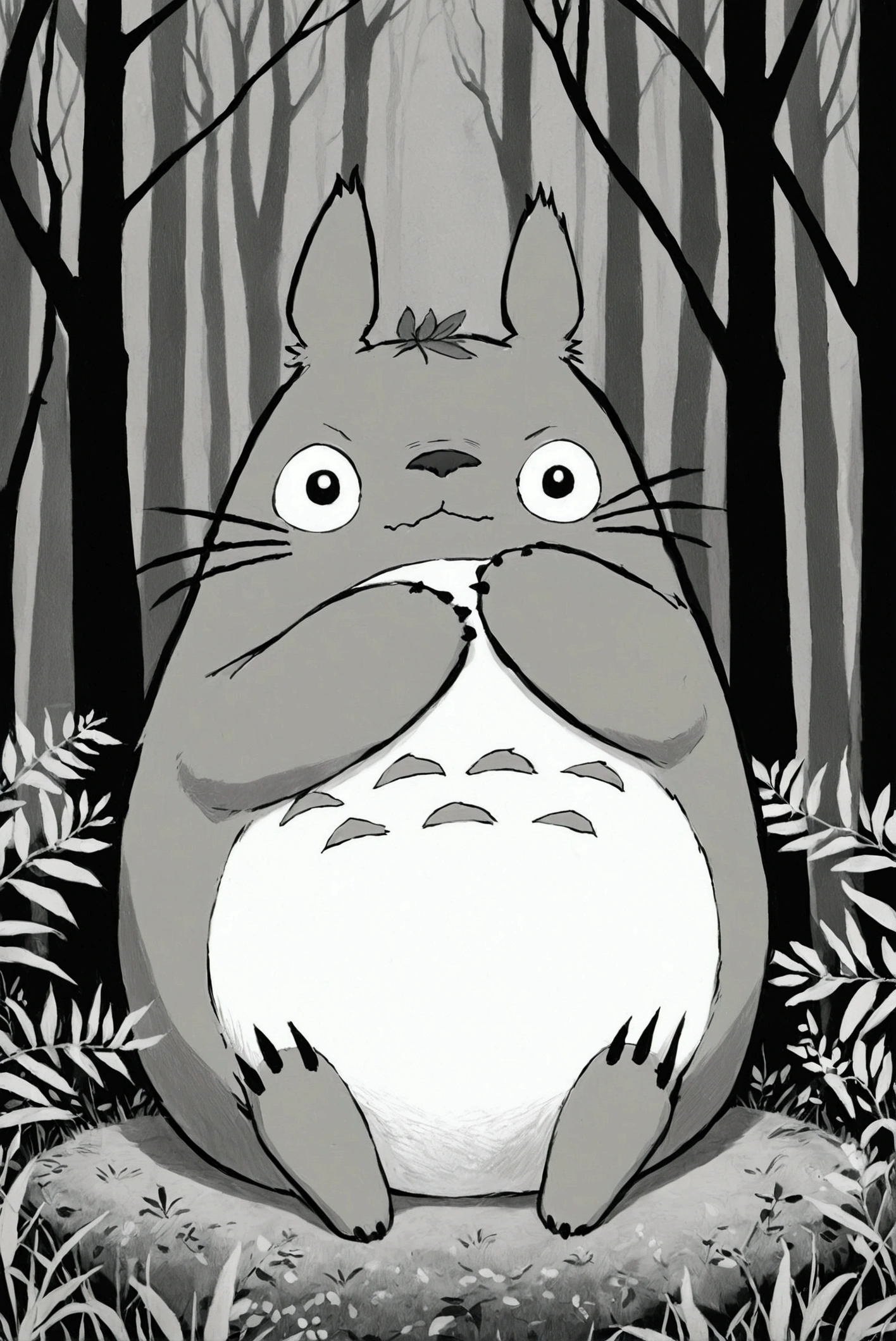 Anime, Totoro , Totoro , Black and white, Totoro , Totoro , Totoro , Totoro , Black and,  manga drawn by Miyazaki ,  pixiv contest winner ,  furry art ,  stretch ,  stretch  sitting in a forest, of  stretch , my neigbor  stretch 