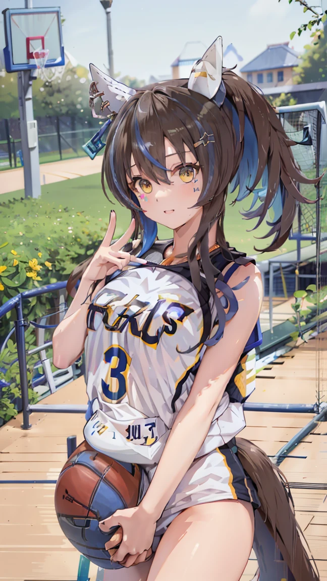 masterpiece,  best quality,  high definition ,  very detailed,((( Daitaku Helios ))), (((Horse Girl))), ((( basketball))), (((Around town))), (((night))), (((Basketball court)))