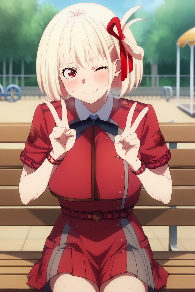 chisato nishikigi, short hair, bangs, blonde hair, red eyes, hair ribbon, one side up, bob cut, large breast, lycoris uniform, skirt, sweat, blush, embarrassed smile, (closed one eye:1.2), double peace, sitting bench, from front, looking viewer, public park, playground equipment, slide, sunshine, summer days, wide shot, full-body, (solo, alone:1.2), masterpiece, best quality, high resolution, ultra-detailed, perfect fingers, detailed background, anime