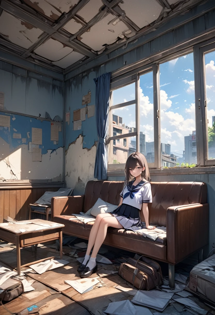 masterpiece, best quality, 8k, highres, ultra-detailed, HDR, UHD, 1girl,school sailor,sitting sofa,derelict room,looking at window