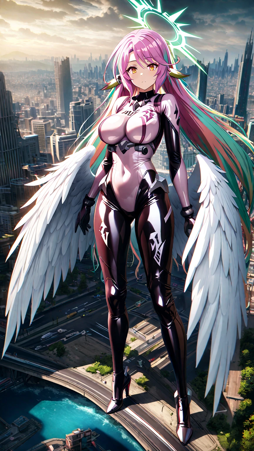 jibril,(big breast),(big white wing),(glamorous),full body,latex bodysuit,shiny bodysuit,colorful hair,halo,sharp focus,extremely detailed CG,expressionless,realstic,(mechanical ear),standing,girl towering over miniature city,from above,road