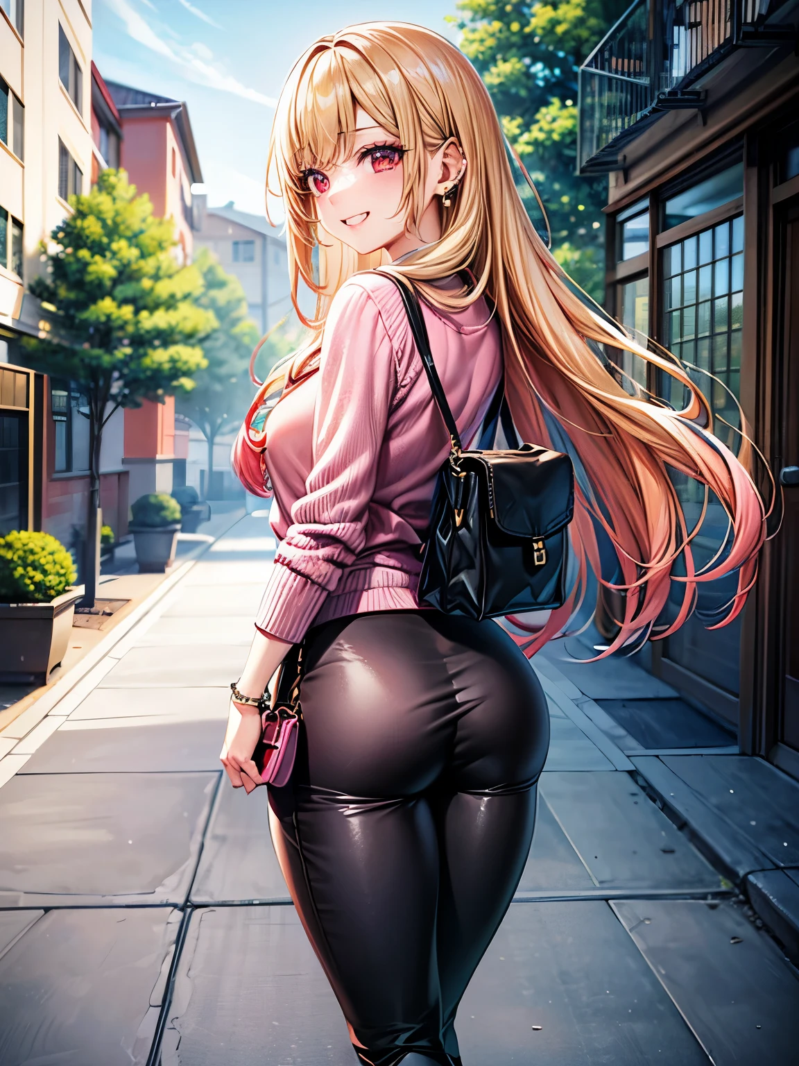 kitagawa marin, solo, blonde hair, red eyes, a woman in her early 20's, she’s a freshman sorority girl. (carrying a handbag:1.3). (Wearing: pink short sweater, tight high waist black yoga pants, and pink fluffy Ugg boots). Thrilled smile on her face, she’s ready for adventure, she’s standing. looking from behind, shot from behind. Background: outdoors, college campus.  1girl, blonde hair, long hair, multicolored hair, red eyes, jewelry, earrings, piercing
