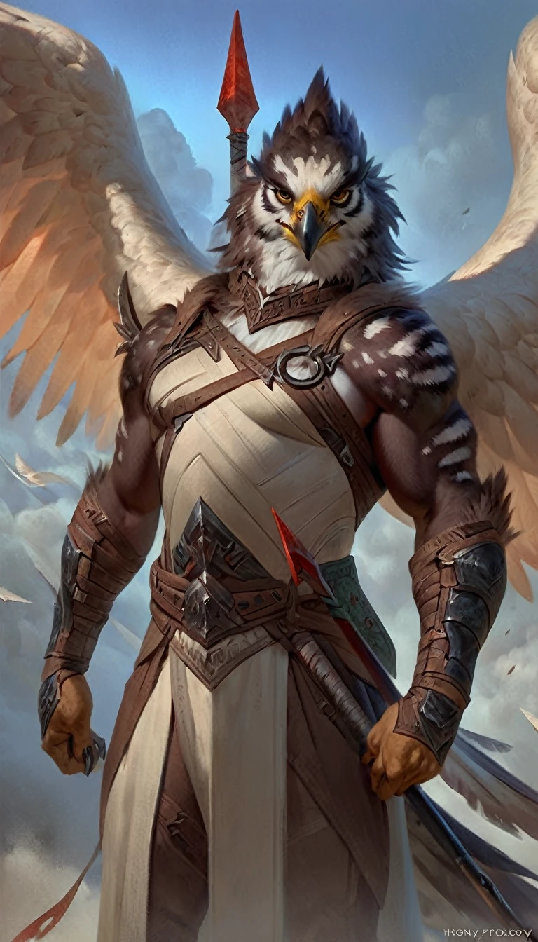 Anthro male hawk holding spear upright. Illustration,  alone ,  Serious Face Paint ,  Masterpiece ,  best art ,  Full Body,  by Taran Fiddler , By Honovy,   eye detail ,  fine body , claw, high, abdomen, Shoulder collar , โชว์abdomen,  has muscles ,Turn straight ahead , wing