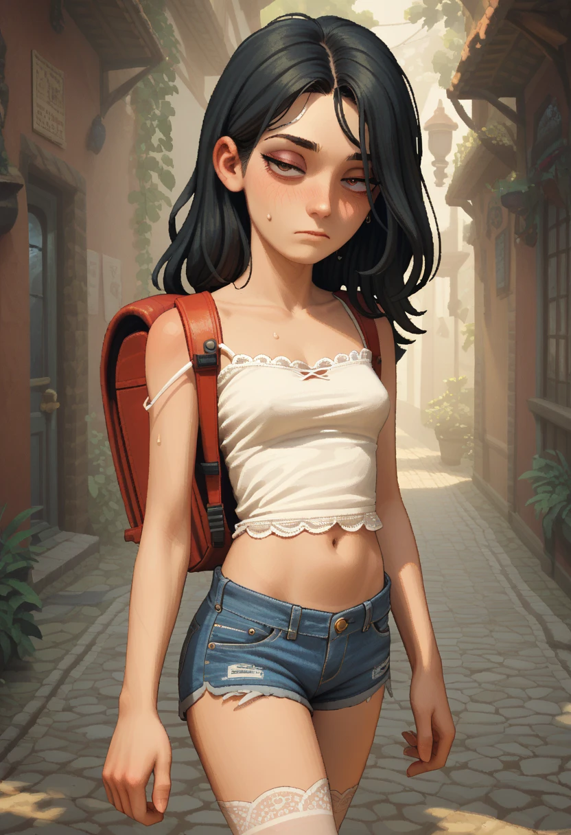  1girl,, black hair ,,  ,Slim, eyes half closed, sexy psychopath {x} long black hair,,sweating, blush ,,improve,red backpack ,pixel art,,camisole,navel, denim shorts, watching viewer, ulybka, closed mouth , outdoor,((((from the side())),walking,stockings, bulging nipple 