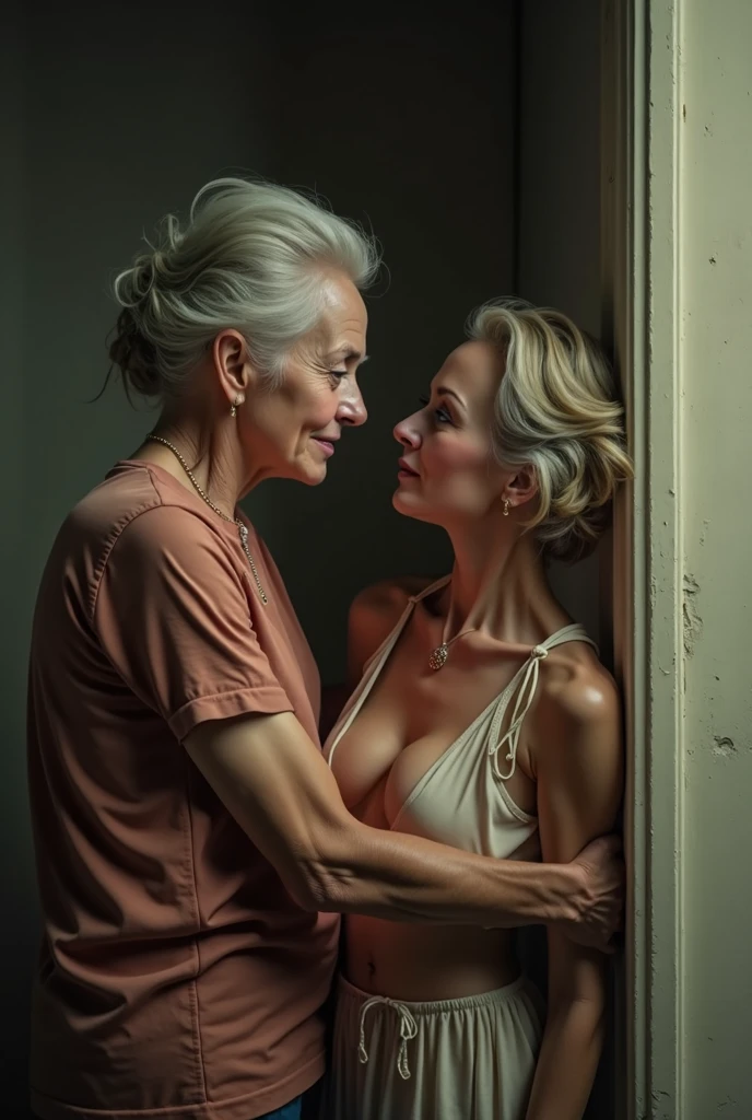 A naked girl and an old woman in a kitchen sitting at a table