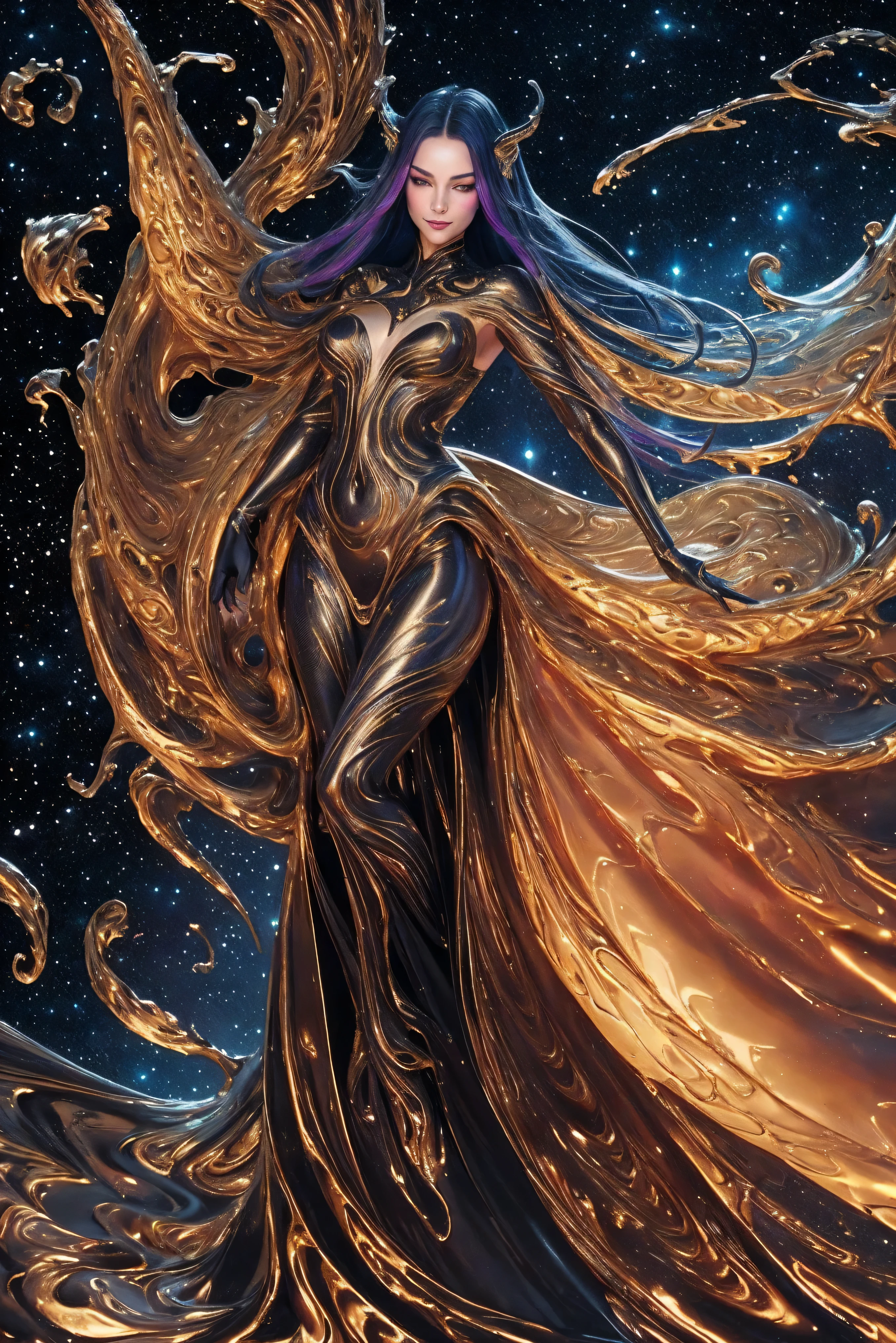 (body formed by galactic liquid mauevine and black metallic paint twisting into a beautiful interpretation of the female figure), au naturel,((complex galactic metallic colours in the foreground)), (( fluid mechanics, the loveliest smooth scale face makeup, smirky expression)) - red, black and gold, onyxia, metallic color palette g0s1