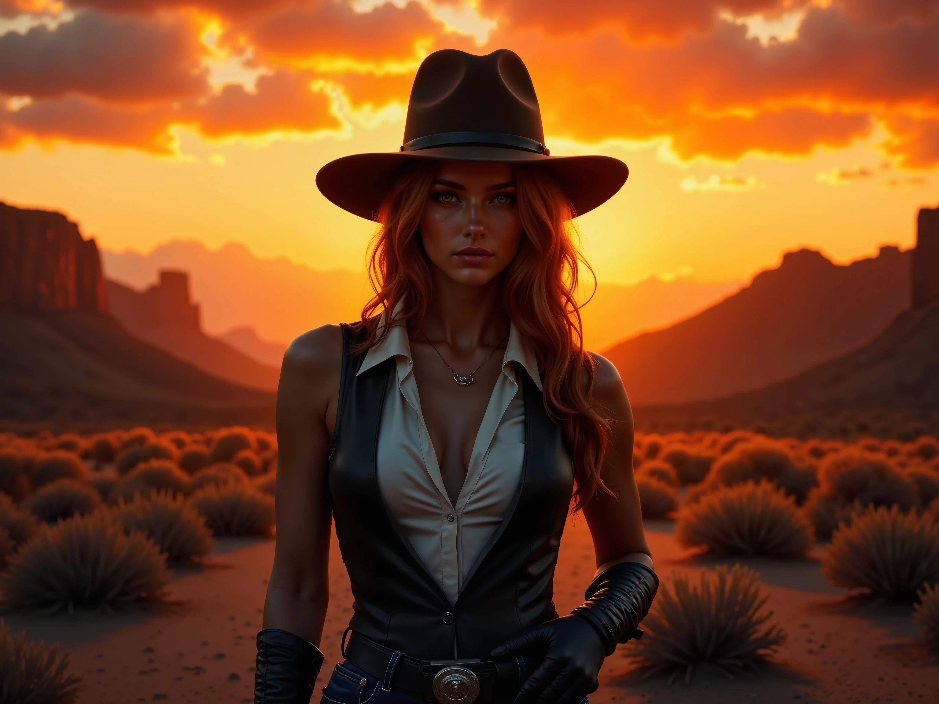 Create a cinematic, ultra-realistic image of a striking female cowboy silhouetted against a majestic, fiery sunset. She wears a classic cowboy hat tilted confidently, adding to her commanding presence. Her attire is traditional Western cowboy style, featuring a fitted button-up shirt, a leather vest, rugged jeans, sturdy boots with spurs, and a pair of well-worn leather gloves that complete her look. Her magnum revolver is securely holstered at her hip, gleaming faintly under the soft glow of the sunset. The fiery sunset bathes the scene in warm hues of orange, pink, and gold, creating a dramatic backlight that highlights her fierce red hair cascading in soft waves under the hat. Her silhouette reveals a confident pose, accentuating her toned, beautiful body and her classic Western style. The background features rolling desert plains and distant rugged mountains fading into the golden horizon, adding depth to the scene. The interplay of light, shadow, and golden-hour lighting creates a cinematic atmosphere, blending realism with dramatic, moody aesthetics.