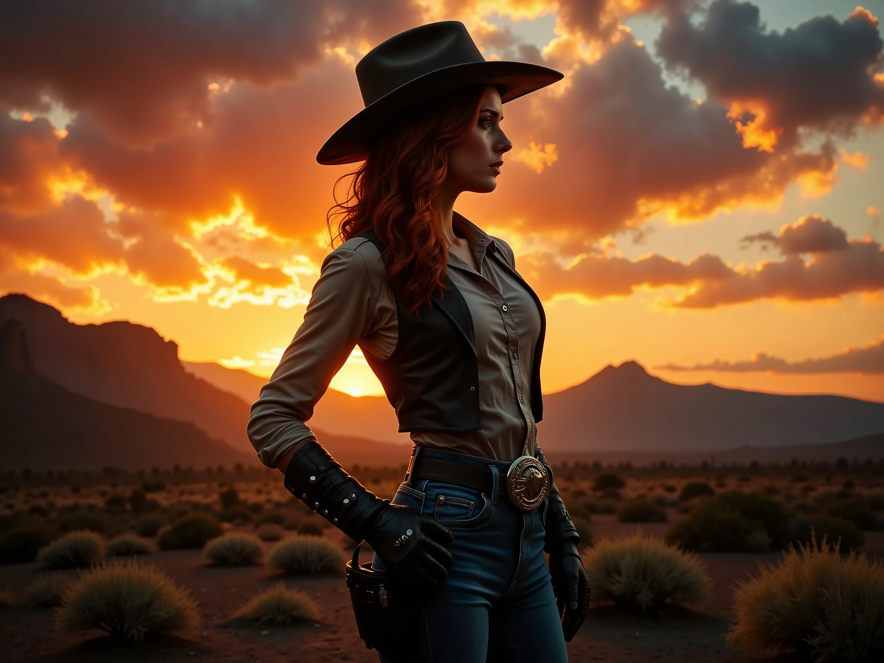 Create a cinematic, ultra-realistic image of a striking female cowboy silhouetted against a majestic, fiery sunset. She wears a classic cowboy hat tilted confidently, adding to her commanding presence. Her attire is traditional Western cowboy style, featuring a fitted button-up shirt, a leather vest, rugged jeans, sturdy boots with spurs, and a pair of well-worn leather gloves that complete her look. Her magnum revolver is securely holstered at her hip, gleaming faintly under the soft glow of the sunset. The fiery sunset bathes the scene in warm hues of orange, pink, and gold, creating a dramatic backlight that highlights her fierce red hair cascading in soft waves under the hat. Her silhouette reveals a confident pose, accentuating her toned, beautiful body and her classic Western style. The background features rolling desert plains and distant rugged mountains fading into the golden horizon, adding depth to the scene. The interplay of light, shadow, and golden-hour lighting creates a cinematic atmosphere, blending realism with dramatic, moody aesthetics.