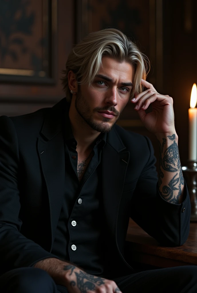 Imagine Victor, a handsome adult man, seated in an elegantly dim room, draped in a dark, tailored coat with subtle silver embroidery. His chin-length, medium-blond hair is styled in layered cuts, blending rebellion with elegance. His head is slightly tilted, with one hand resting gently on his cheek in a contemplative, almost defiant pose. His gaze is intense, softened only by the flickering candlelight that casts subtle shadows across his face. Tattoos trace along his forearm, hinting at an Ouroboros symbol—a timeless reminder of his enigmatic power and authority. The faint light emphasizes the curves of his strong features, creating an aura of tranquil strength and quiet mystery. (Masterpiece, man with tattoos, well-built, highest quality, photorealistic, 8k wallpaper, extremely detailed, dark gothic room, low light, shadows, contemplative, elegant yet defiant, timeless aura.)