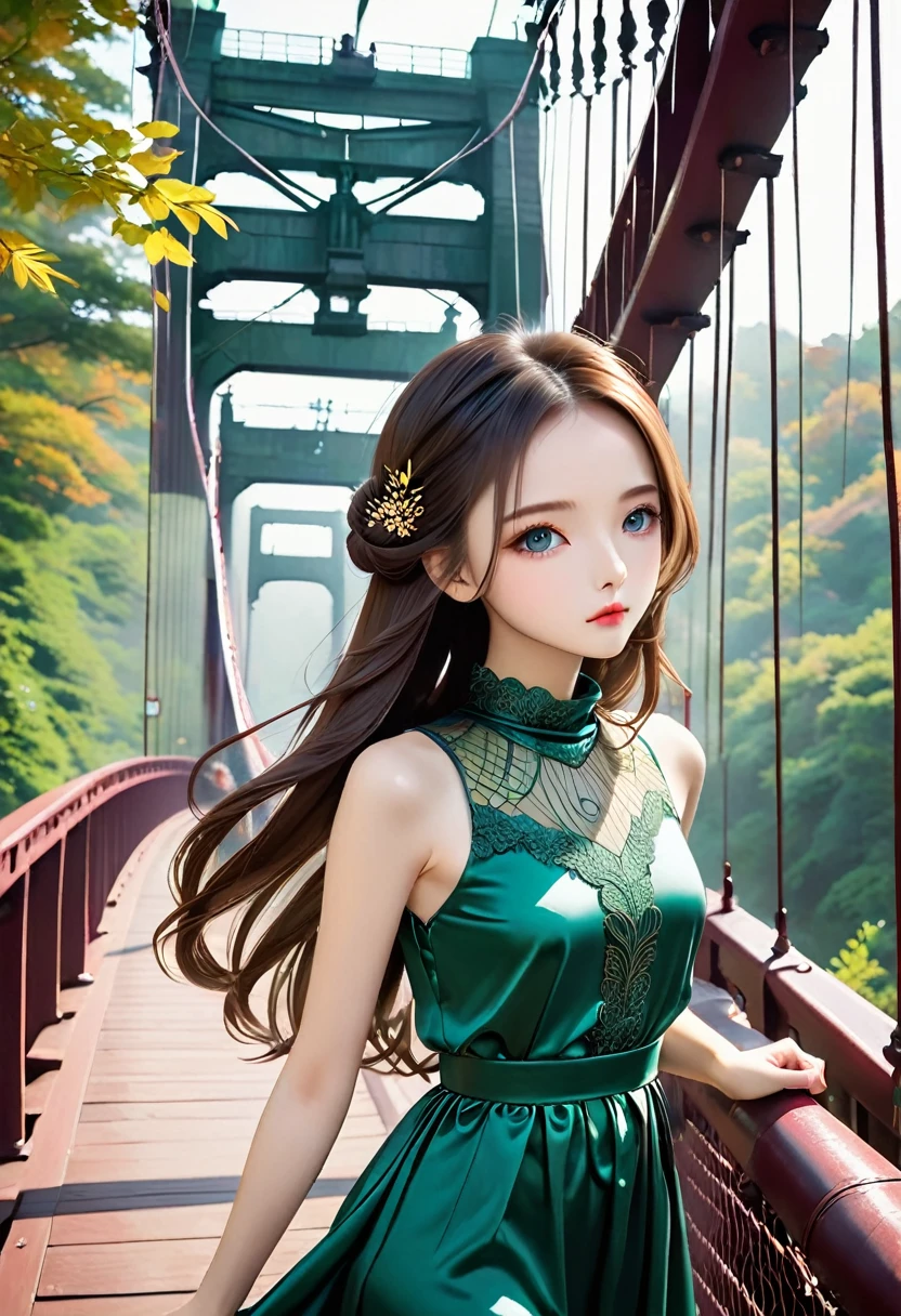 ((An old suspension bridge shrouded in deep fog :1.5、 Walk away elegantly and slowly over a long suspension bridge with a shabby bolo :1.5))、((Chibi:1.5)), ((((Taken obliquely from behind :1.5、from behind:1.5)), back view:1.5, looking back)),  one girl , ((Top Models:1.5))、 best quality, masterpiece,  ultra high resolution, (Realistic:1.4),  RAW Photos,  complex details,  big beautiful dark emerald eyes :1.5, Perfect Contour, Small face、masterpiece, Silky Long Hair,  ((Blunt Bungs:1.5, forehead:1.5)), (natural makeup:1.5、full lips:1.5, pink lips:1.5, gloss lips:1.5, parted lips1.5), slim、(middle chest:1.2,  firm chest :1.2, High chest:1.5),  (( very soft and loose high neck sleeveless metallic satin middle dress:1.5、 shiny super shine iridescent silver dress:1.5)), (( The background is an old bridge shrouded in fog 、deep forest:1.5、Yellow Leaf 、Late fall afternoon 、Bokeh))