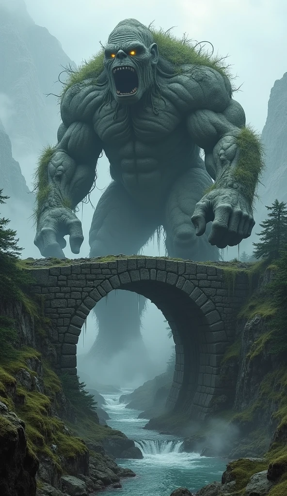 A huge stone troll guarding the passage through an big old and ancient stone bridge over a river in the mountains, dense and  thick fog surrounding everything, dark fantasy, digital painting, detailed, extremely detailed, masterpiece, cinematic lighting, dramatic, moody, atmospheric, muted colors, earthy tones, realistic, photorealistic, smooth shading, volumetric lighting, depth of field, cinematic composition, fantasy elemental, midjourneyv6.1