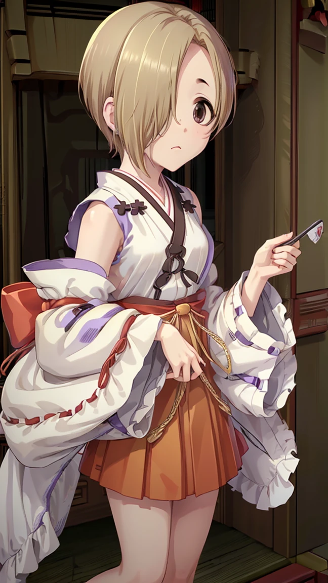 masterpiece,  best quality,  high definition ,  very detailed,(((Shirasaka Koume))), ((( 1 girl))), (((solo))), (((Blonde))), (((Brown Hair))), ((( shorthair ))), ((( hair covering one eye ))), (((Shrine maiden))), (((kimono))), (((Sleeveless))), (((Hakama))), ((( short skirt ))), 