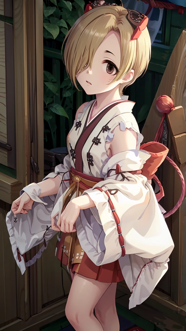 masterpiece,  best quality,  high definition ,  very detailed,(((Shirasaka Koume))), ((( 1 girl))), (((solo))), (((Blonde))), (((Brown Hair))), ((( shorthair ))), ((( hair covering one eye ))), (((Shrine maiden))), (((kimono))), (((Sleeveless))), (((Hakama))), ((( short skirt ))), 