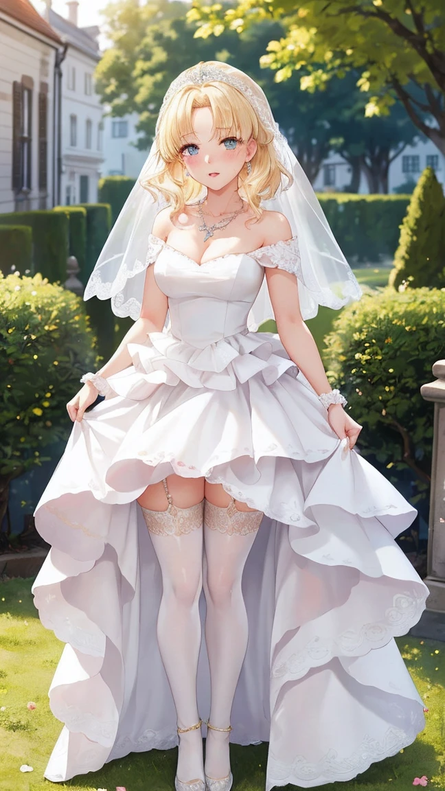 ultra detailed, sharp focus, best quality, masterpiece, colorful, mariacampbell, 1girl, blonde hair, full body shot, blush, intricate details, glossy lips, standing, layered wedding dress, garden, city, necklace, skirt parted in front, white thigh highs, lips parted