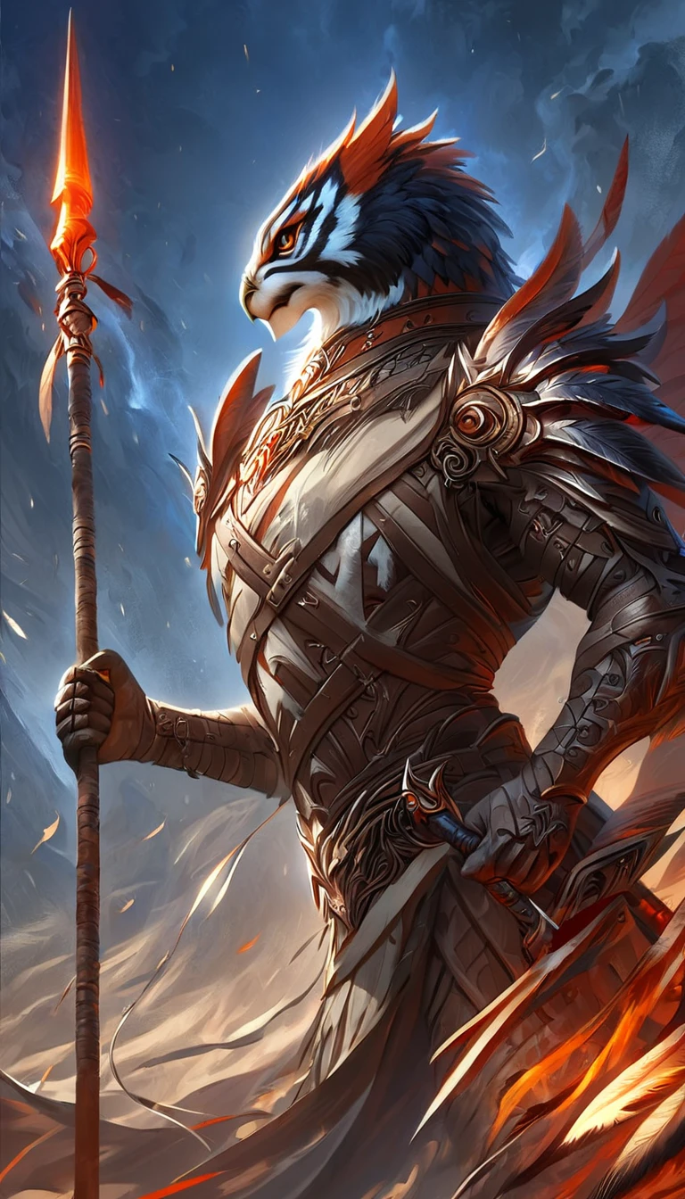 A male hawk holding a spear, standing upright. Illustration,  alone ,  Serious Face Paint ,  Masterpiece ,  best art ,  Full Body,  full body ,   eye detail ,  fine body , claw, high, abdomen, Shoulder collar , โชว์abdomen,  has muscles ,Turn straight ahead , wing