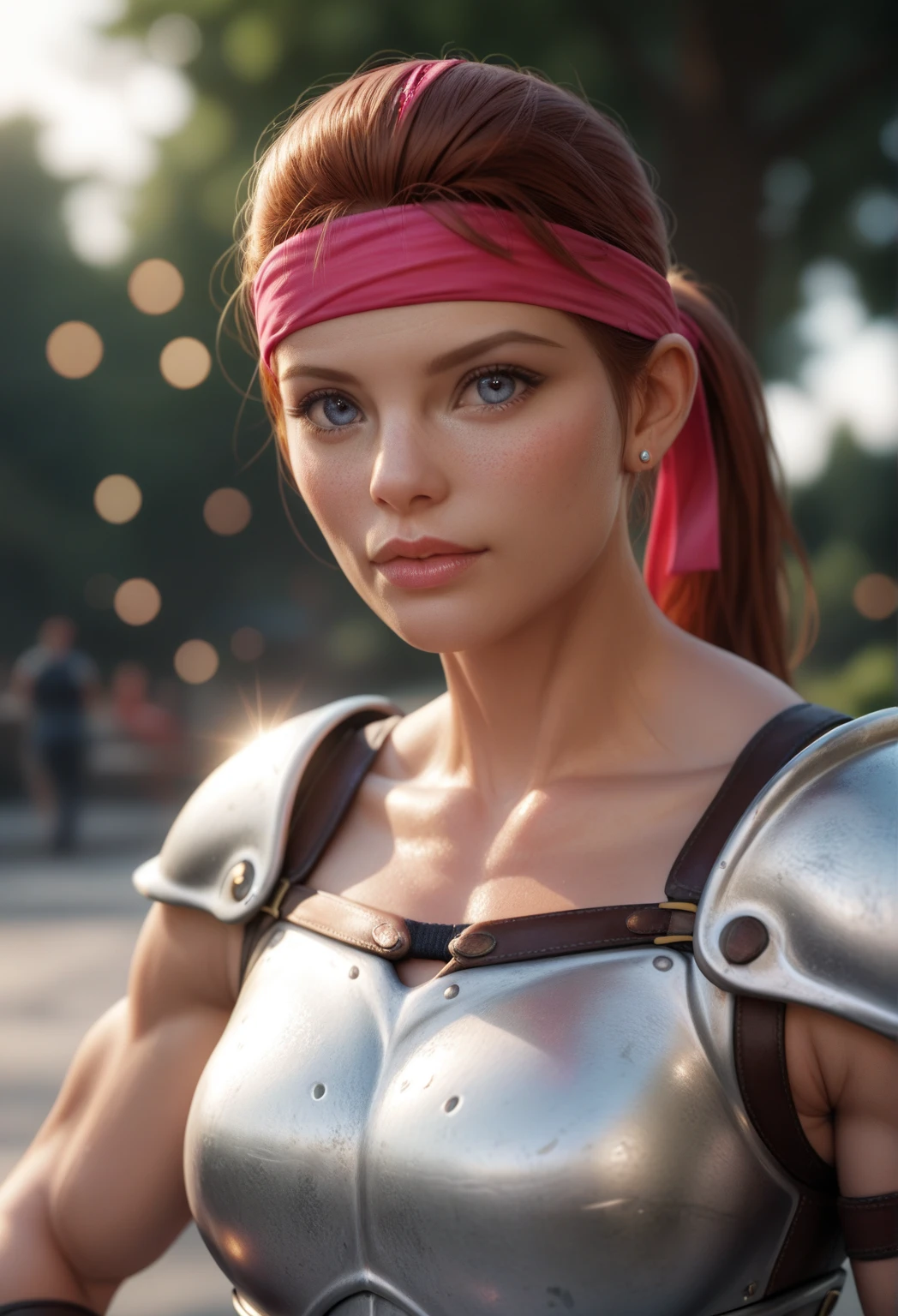 A 35mm photorealistic masterpiece bokeh shot of ff7_Jessie raspberry as a huge muscle woman, headband, ponytail, armour