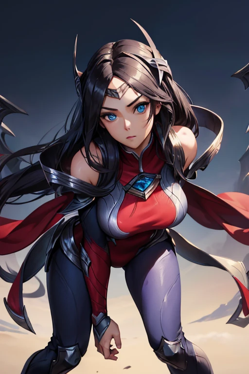 (masterpiece), best quality, thigh, camel toe,expressive eyes, perfect face, highres, 1girl, solo, irelia, bodysuit, bare shoulders, forehead protector, hair ornament, armor, (leaning forward), standing, portrait, looking at the viewer,