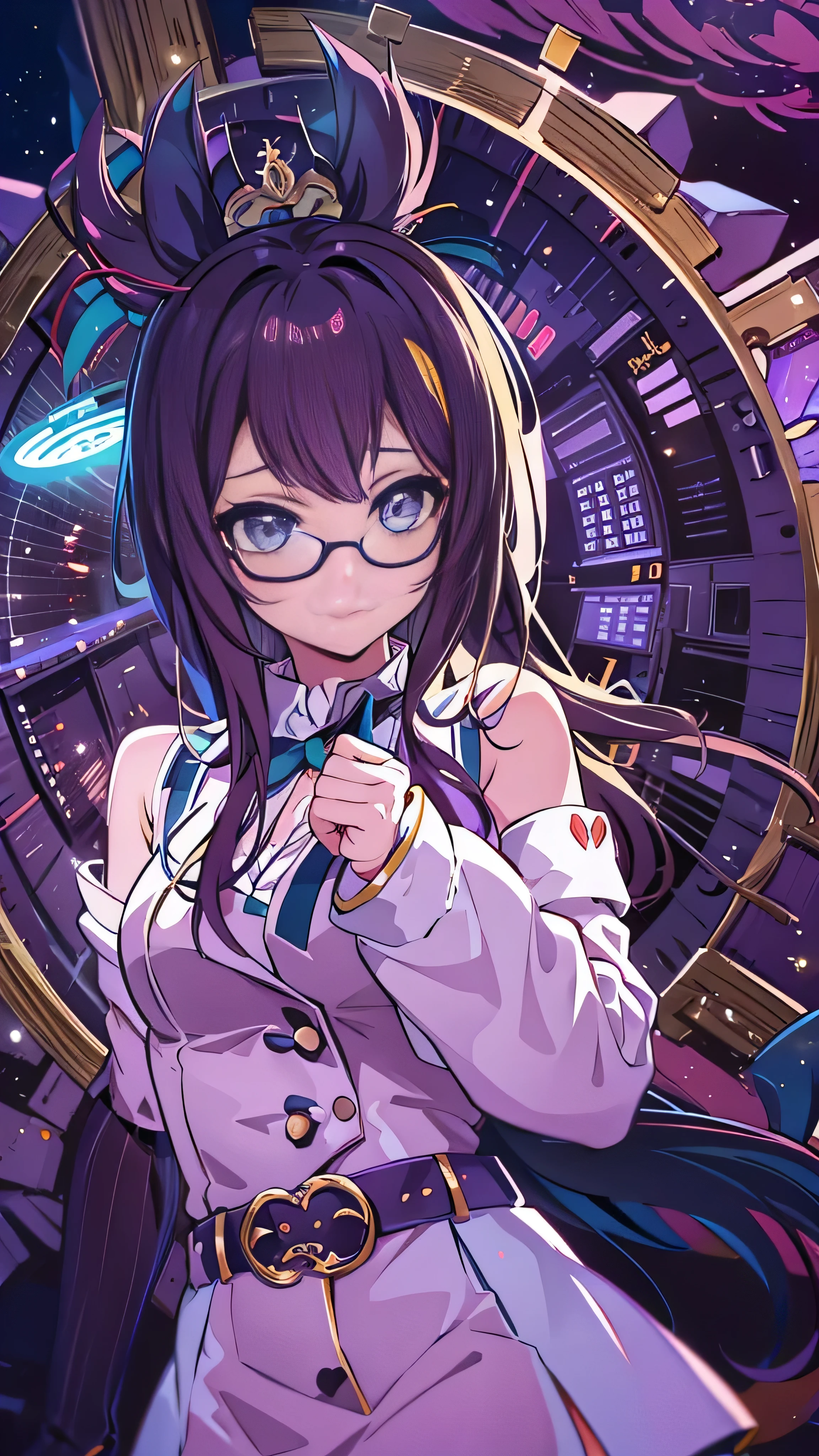 Mioda Ibuki /(  Danganronpa /), Bank Super Details, masterpiece, Illustration, 8k, masterpiece,   Real Shadow, Wind,  gradation ,  volumetric lighting , cute,  Ambient Lighting ,  colorful , Luminous Particles, beautiful detailed eyes 1 girl , alone, ( original costume), Dungeon Background, Blue and pink magic costume, clock,  magic ,  fantasy