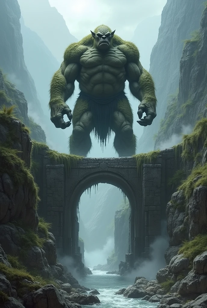 A huge stone troll guarding the passage through an big old and ancient stone bridge over a river in the mountains, dense and  thick fog surrounding everything, dark fantasy, digital painting, detailed, extremely detailed, masterpiece, cinematic lighting, dramatic, moody, atmospheric, muted colors, earthy tones, realistic, photorealistic, smooth shading, volumetric lighting, depth of field, cinematic composition, fantasy elemental, midjourneyv6.1