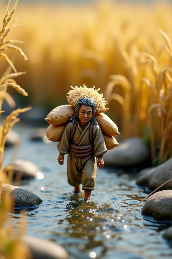 "A small figurine of an Asian farmer carrying large bags of rice, walking on a stream with stone boulders and rocks beside it. The background features golden wheat fields, a warm color tone, macro photography, and a miniature food model. Nearby, there are ears of rice growing, with shallow water flowing through them. Soft lighting creates a peaceful atmosphere. High-resolution photography."