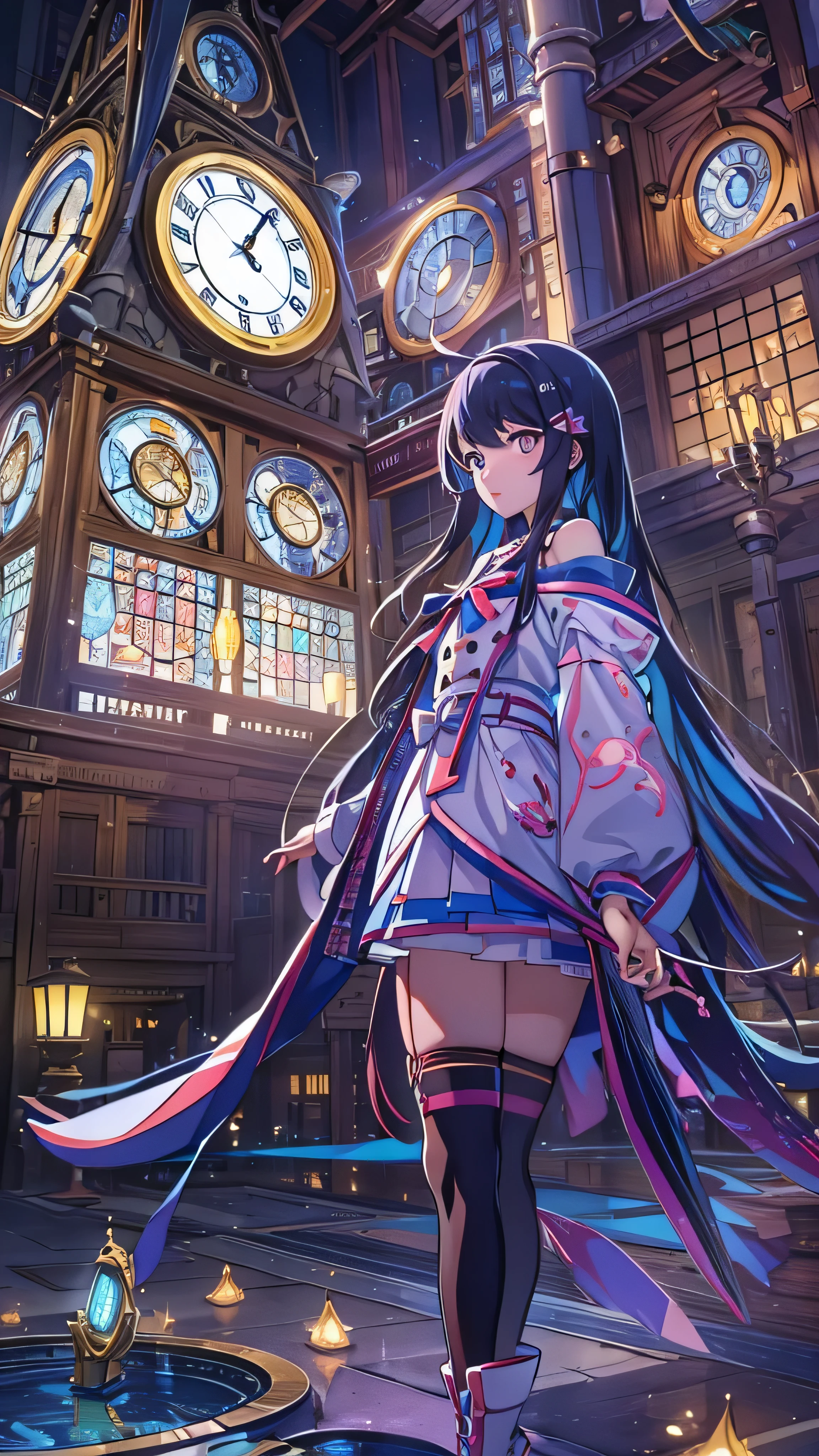 Mioda Ibuki /(  Danganronpa /), Bank Super Details, masterpiece, Illustration, 8k, masterpiece,   Real Shadow, Wind,  gradation ,  volumetric lighting , cute,  Ambient Lighting ,  colorful , Luminous Particles, beautiful detailed eyes 1 girl , alone, ( original costume), Dungeon Background, Blue and pink magic costume, clock,  magic ,  fantasy