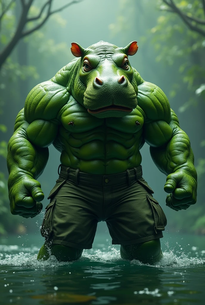 Fusion of hippo and hulk , Hippo face in green colour, and hulk body in green color wear cargo pants in water