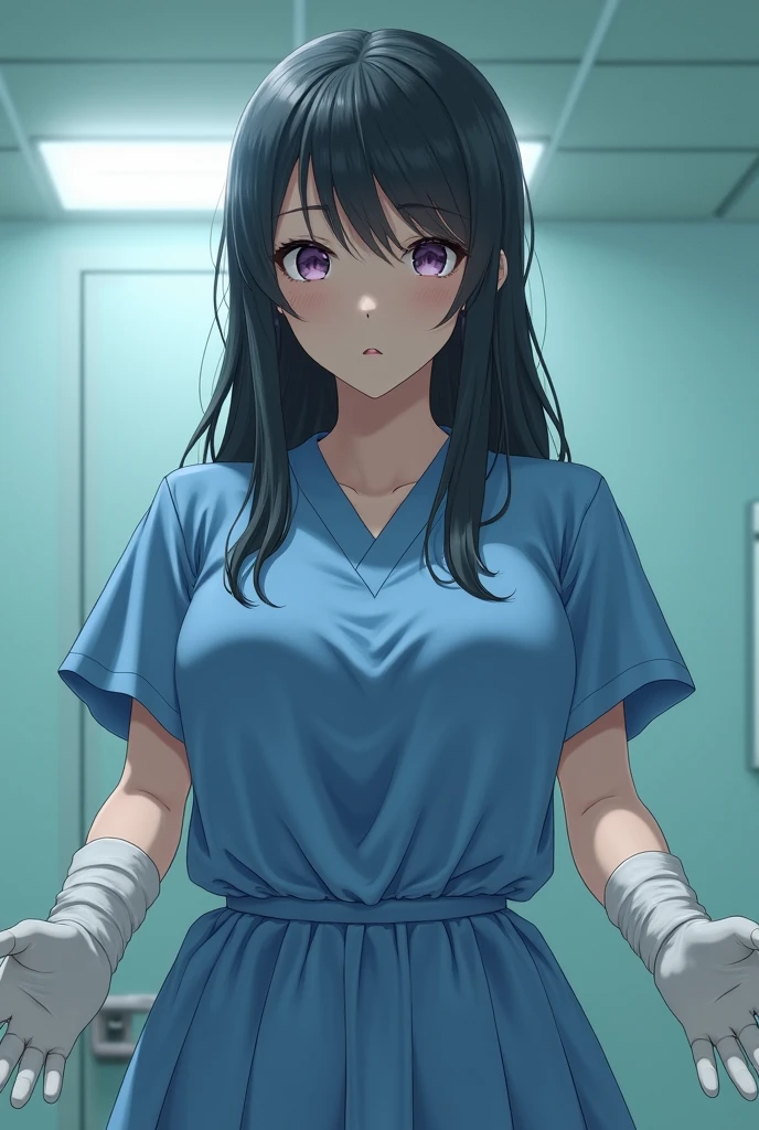 masterpiece, best quality, very aesthetic, absurdres, 1girl, beautiful face, tsurime, blunt bangs, black violet hair, long hair, straight hair, large breasts, nurse uniform, panties, hospital room, 1boy, penis, handjob, cum, anime artwork, (super fine illustration), highly detailed