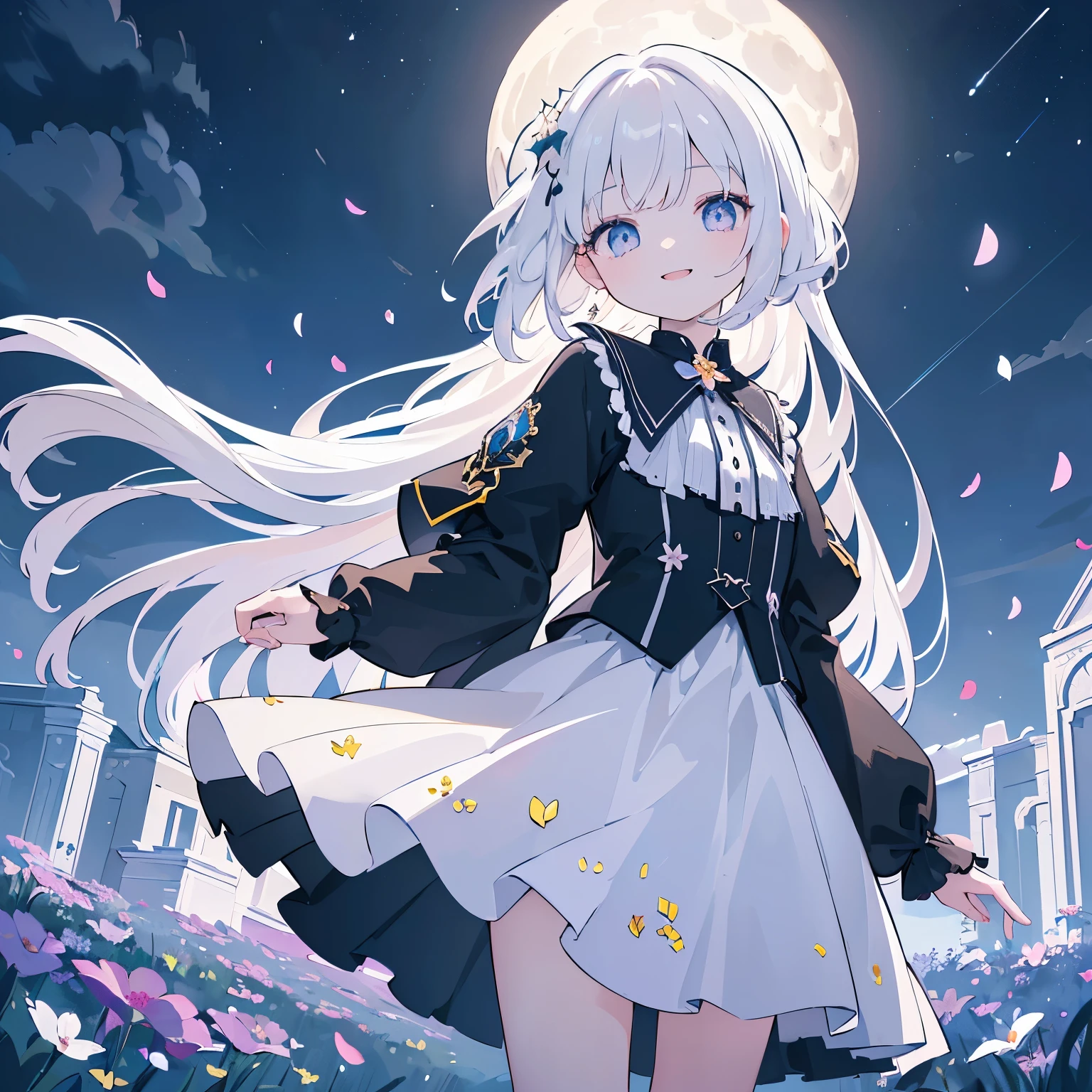 masterpiece,  is the best quality, 1 Girl, ( colorful ),(Meticulous, beautiful eyes and a delicate face),cinematic Lighting,bust, extremely detailed CG unity 8k wallpaper,White hair, alone, Smile,Complex skirt,((Flying petals)),( blooming meadows) Sky, partly cloudy_Sky, architecture, moonLight, moon, night, (DARK THEME :1.3), Light, fantasy,