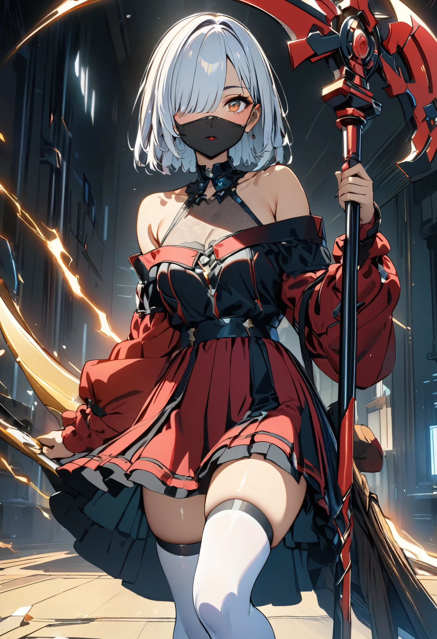 fantasy, 1devil_girl, low_teen, platina_blond_hair,long_bangs,, bare_shoulder, navel out, thighhighs,silver_armor, red_clothes,waist_armor, Glebe, hold_swords, large_breasts, dynamic_flying_pose,Floating,(pelvic_curtain:1.3), silver_Headgear ,looking_down_at_sunrise_city_sky_background,,slightly_spread_legs, some_swords,some_swords_floating_around_the_girl,solo,horn ,smile,,open_legs,open_arms,rise_knee,rise_leg,rise_thigh,rise_leg,forward_leaning_posture,apart_legs,fang,Shiny_gold_eyes,crotch