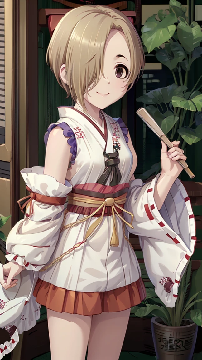 masterpiece,  best quality,  high definition ,  very detailed,(((Shirasaka Koume))), ((( 1 girl))), (((solo))), (((Blonde))), (((Brown Hair))), ((( shorthair ))), ((( hair covering one eye ))), (((Shrine maiden))), (((kimono))), (((Sleeveless))), (((Hakama))), ((( short skirt ))), (((smile))), 