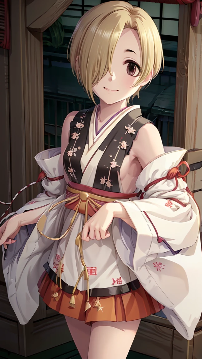 masterpiece,  best quality,  high definition ,  very detailed,(((Shirasaka Koume))), ((( 1 girl))), (((solo))), (((Blonde))), (((Brown Hair))), ((( shorthair ))), ((( hair covering one eye ))), (((Shrine maiden))), (((kimono))), (((Sleeveless))), (((Hakama))), ((( short skirt ))), (((smile))), 