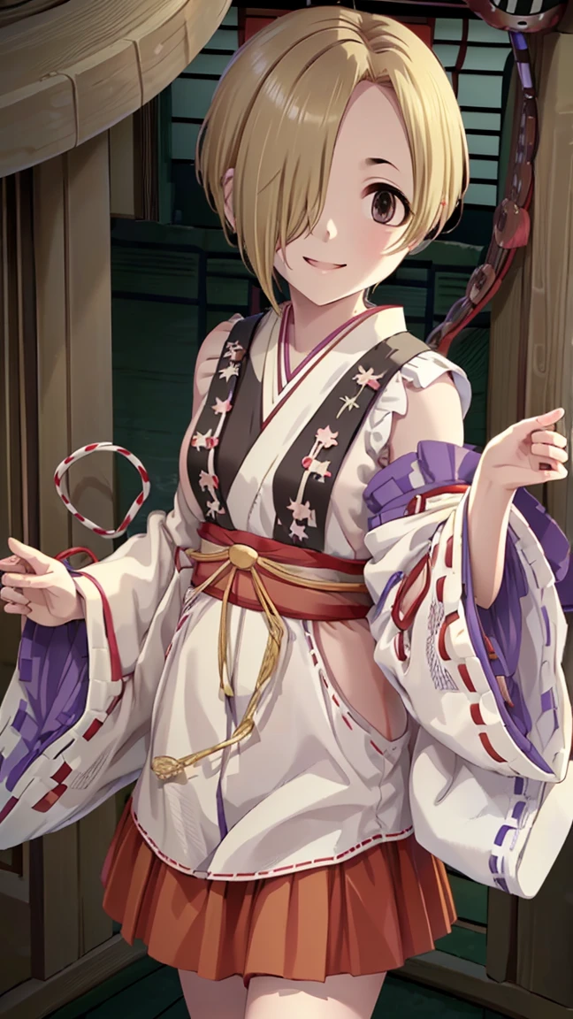 masterpiece,  best quality,  high definition ,  very detailed,(((Shirasaka Koume))), ((( 1 girl))), (((solo))), (((Blonde))), (((Brown Hair))), ((( shorthair ))), ((( hair covering one eye ))), (((Shrine maiden))), (((kimono))), (((Sleeveless))), (((Hakama))), ((( short skirt ))), (((smile))), 