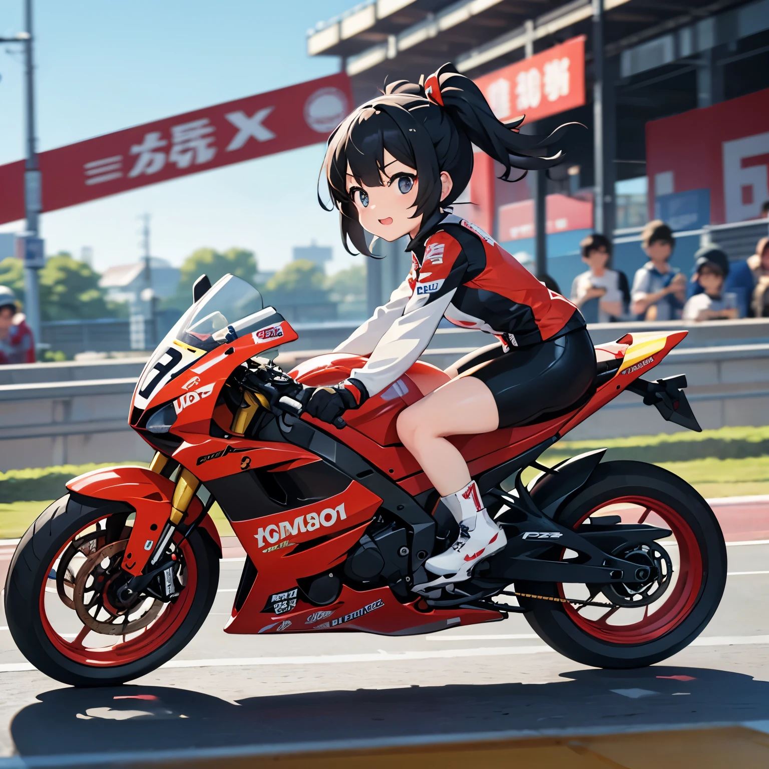  tiny mascot girl  , 姿勢の後方の姿勢 of a female racer racing on a road bike,  black hair ,  semi-long,  stylish  ,  road bike racing  , 複数のロードレーサーが熾烈な戦いを繰り広げる舞台裏 , speed, Elevate your mood,  Fisheye Lens , 姿勢の前方 of a female racer chasing another female racer running in front of her, From the front of the posture with tracking from behind，