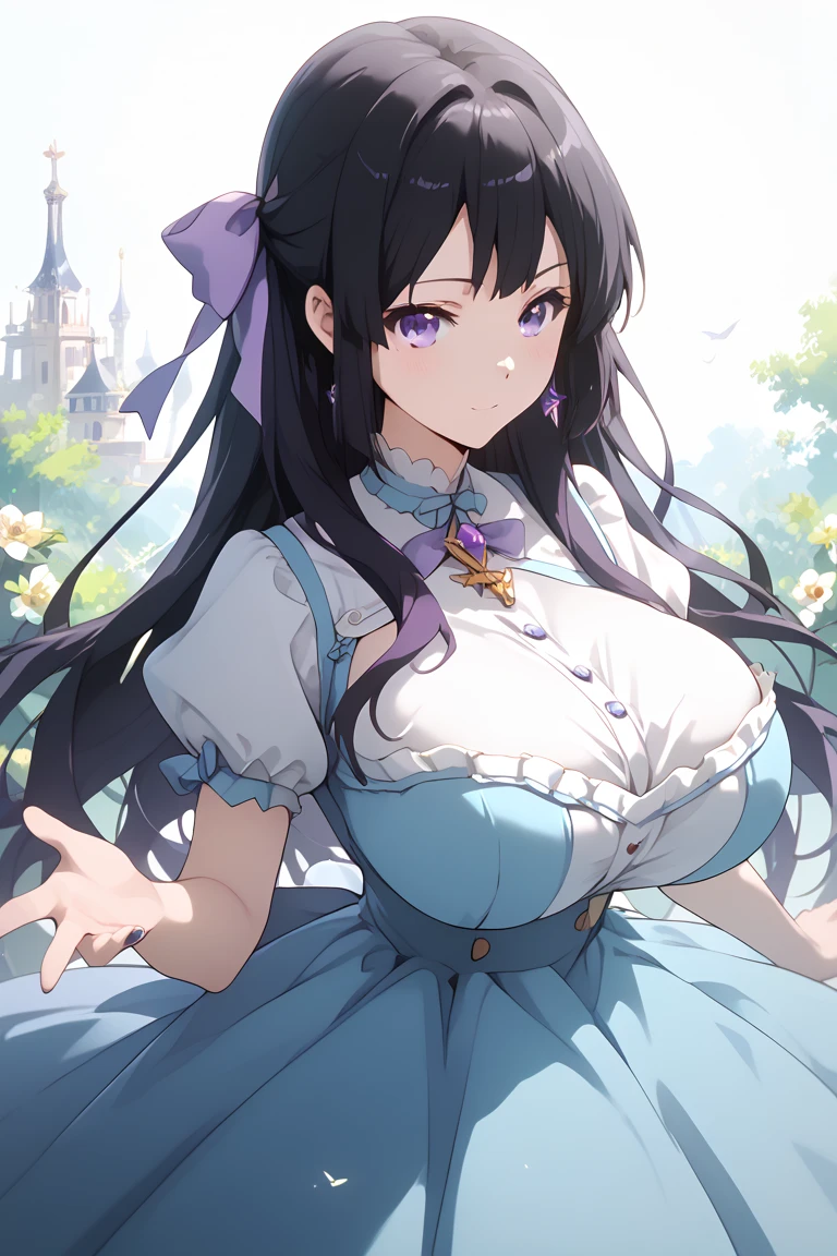 kousaka, long hair, black hair, purple eyes,  1 girl, hair ribbon, (huge breast:1.4), Alone, masterpiece, (( best quality)), ((masterpiece)), ( Details), (masterpiece), best quality,  (beautiful hands) , short skirt, 