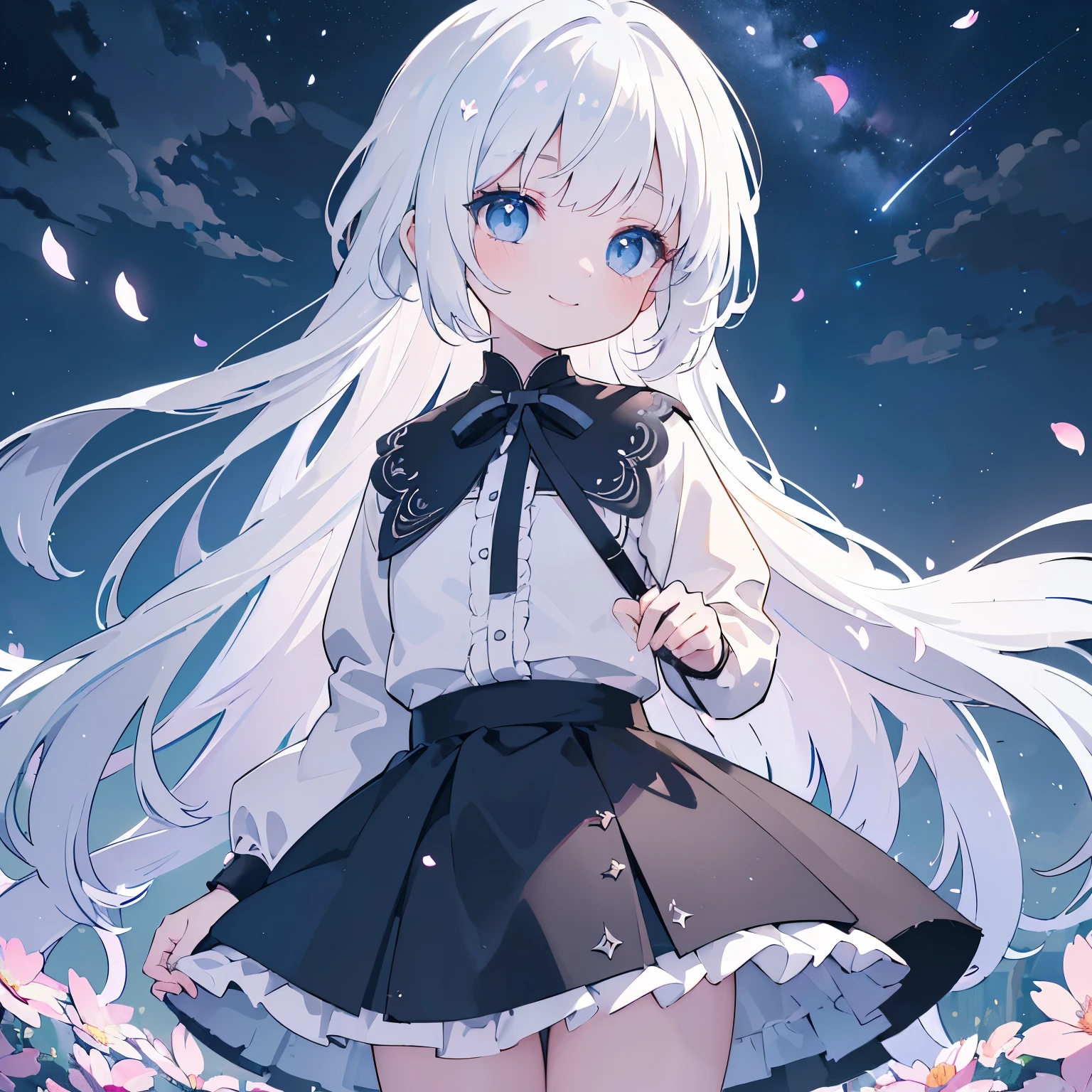 masterpiece,  is the best quality, 1 Girl, ( colorful ),(Meticulous, beautiful eyes and a delicate face),cinematic Lighting,bust, extremely detailed CG unity 8k wallpaper,White hair, alone, Smile,Complex skirt,((Flying petals)),( blooming meadows) Sky, partly cloudy_Sky, architecture, moonLight, moon, night, (DARK THEME :1.3), Light, fantasy,