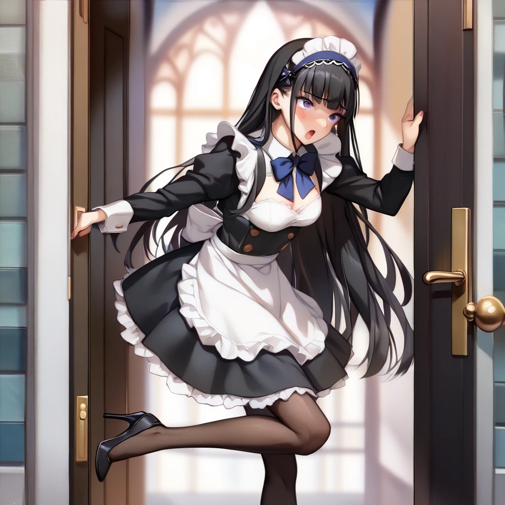 Akiba Tono,give, best quality,masterpiece,  Illustration by Spane , 1 girl,Alone,, ,  maid clothes  ,, , ,,  Black Micro Mini Skirt, Maid Micro Miniskirt ,  black pantyhose  ,,, Shapely breasts,Misaligned black bra  ,  perfect face, bangs,   black hair , Long Hair,   black hair band,  perfect shiny hair , Light purple eyes,  expressive eyes,,,, (( having passionate cheating sex with a cheating man:1.4))　Nipple peek　 red cheeks 　 expression that endures embarrassment　Beautiful light pink nipples　　((The door opens and my boyfriend is spotted :1.5))　whole body　Thin and beautiful legs　 high heels　Beautiful body lines　Man's erect cock 